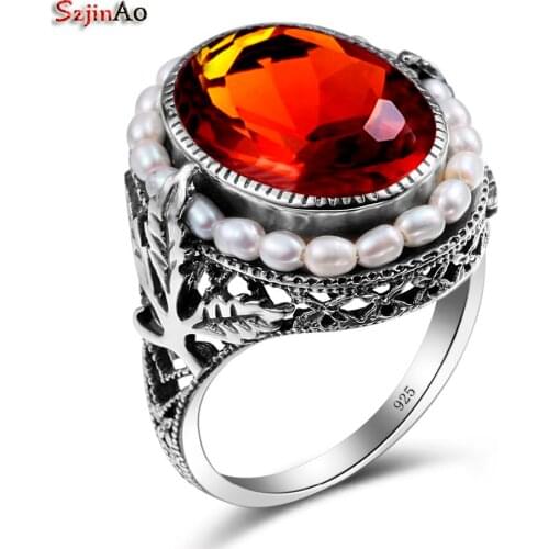 Szjinao Noel 925 Sterling Silver Overwatch Rings for Women Punk Amber Natural Freshwater Pearl Turkish Jewelry Satisfyer