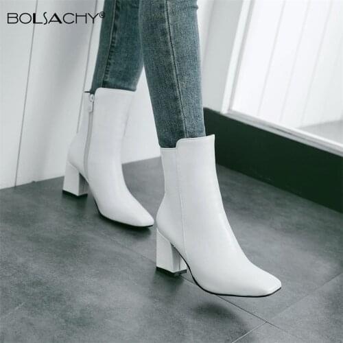 2021 New Autumn Winter Classics PU Leather Retro Square Toe Zipper Ankle Boots Square Heel Shoes Women Footwear white red 32-43