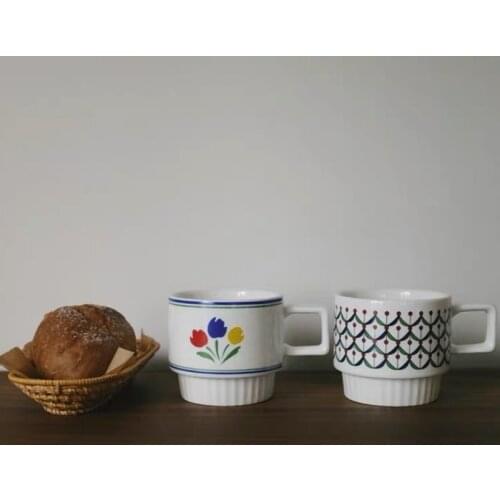 Dubbelwandige Koffie Ceramic Mug Coffee Cup Breakfast Oatmeal Milk Drink Coffee Cup Stackable Hand-painted Retro French Tulip