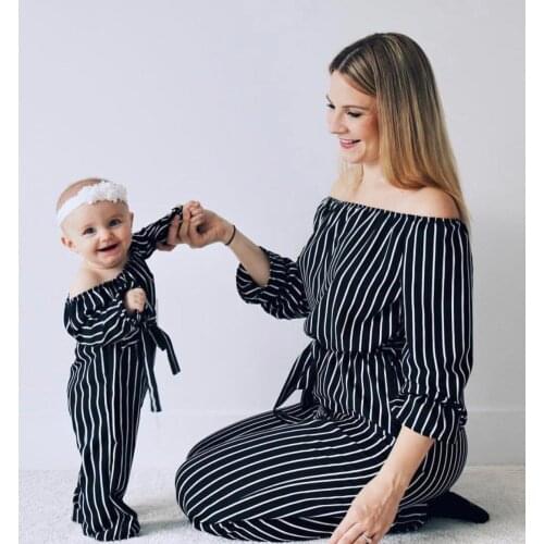 Striped Off the shoulder Matching Jumpsuits For Mom and Daughter