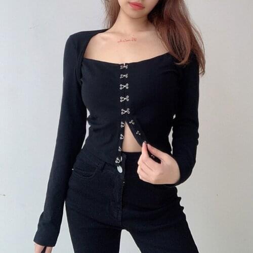 Sexy High Waist Short Crop Tops Women 2 Colors Fashion Single Breasted T-shirt Square Collar Long Sleeve Basic Bottoming T shirt