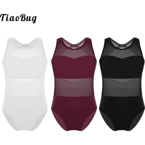 TiaoBug 6 To 14 Years Summer Kids Girls Bodysuit Sleeveless Mesh Splice Cutout Back Ballet Dance Gymnastics Leotard Jumpsuit