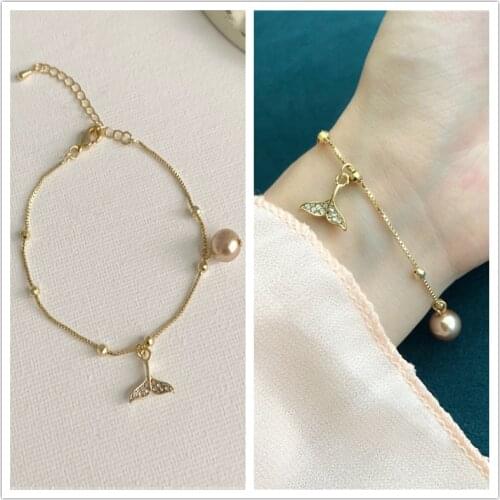 Cute Pearl Bead Rhinestone Inlaid Mermaid Fish Dolphin Tail Fin Bracelet Bangle Wristband Wrist Jewelry for Women Men Girls Gift