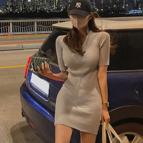 SOBURLUR BF Korean Style Mini Dress Female Clothing Short Sleeve High-waisted Womens Dresses POLO Pulovers Robe Elegant Summer