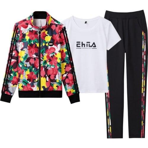 Fashion Print Tracksuit 3 Piece Sets Women Outfit Casual Stand Zip Up Jacket + T-Shirt + Pants Spring new Jogging Sweatsuit