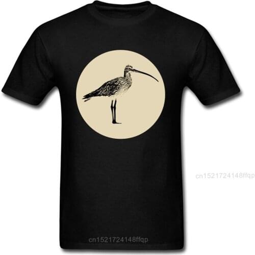 Long-billed Curlew Painting Men Black T-shirt Retro Vintage Art Design Male Cotton Top T Shirt Crew Neck Chic Tees