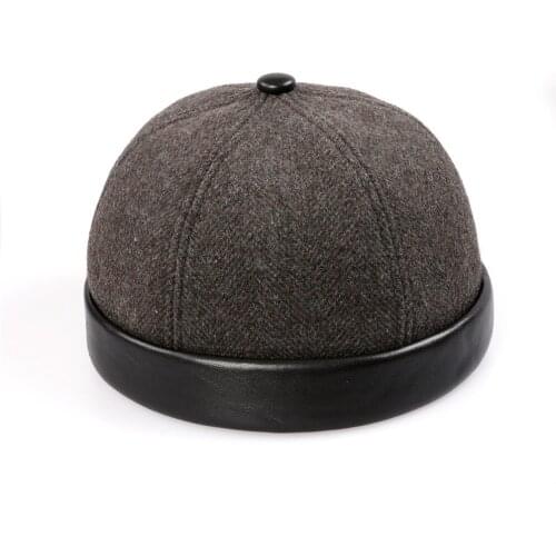Mens Wool Belend Cashmere Knitted Fabric Bucket Beanie Top Hats Caps Patchwork Genuine Sheepskin Leather squash Fedora hat