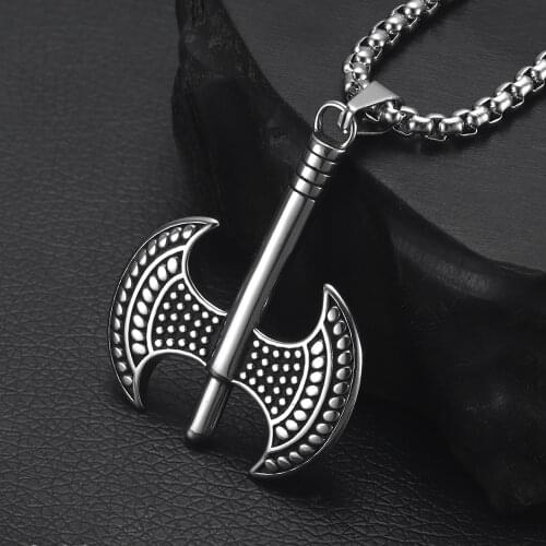 Bladebone Double Axe Pendant Necklace for Men 316L Stainless Steel Jewelry Mens Long Chain Punk Necklaces Viking Jewellery