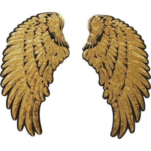 A Pair Of Golden Silver Glittering Feathers Angel Wings Stitched Stripes 37.5cm Dress Jeans Shirt DIY Decal Decoration