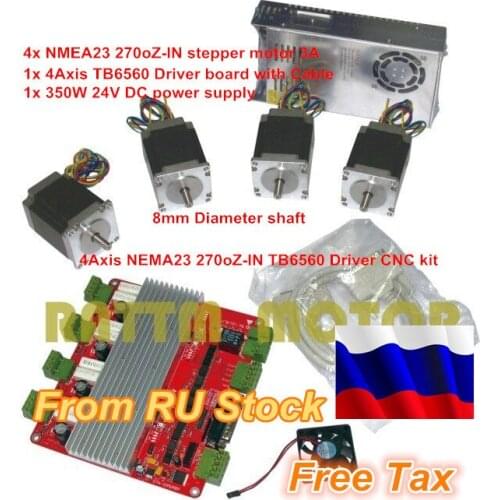 RU ship 4 Axis CNC controller kit 4pcs NEMA23 270oz-in stepper motor 3A & 4 Axis TB6560 Driver board & 350W 24V power supply