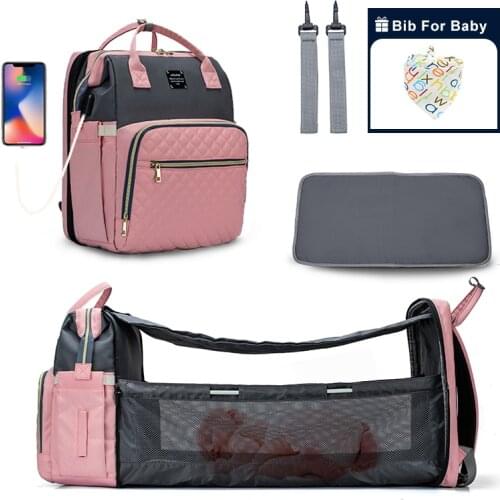 Lequeen Diaper Bags Bed Backpack For Travel Waterproof Maternity Backpack For Baby Care Large Capacity Mommy Bag With Baby Bib
