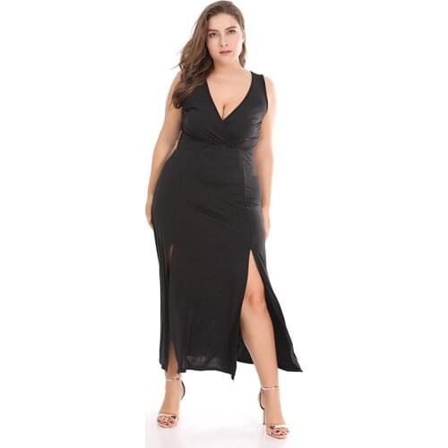 Large Size Sundresses For Women Summer European Clothes Beach Causal Sexy Split Skirt Oversized Long Dress High Waist V Neck