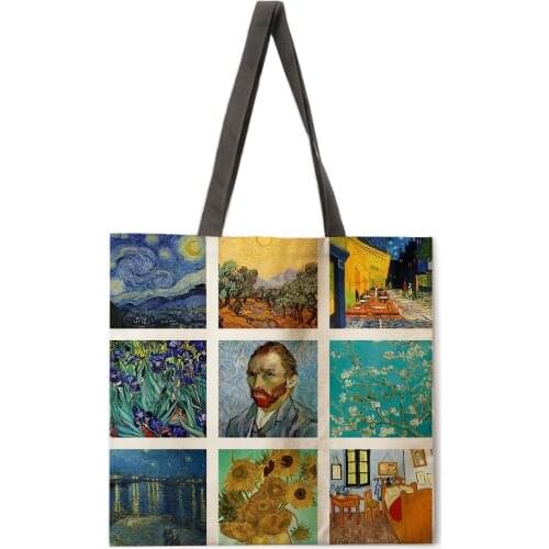 Van Gogh Oil Painting Combination Printing Handbag Linen Fabric Bag Leisure Folding Shopping Bag Outdoor Beach Bag Daily Handbag