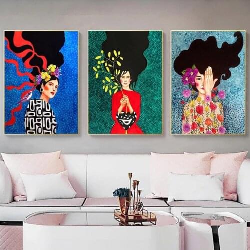 Vintage Abstract Girl Hair Flower Women Wall Art Canvas Painting Fashion Nordic Poster Wall Pictures For Living Room Unframed