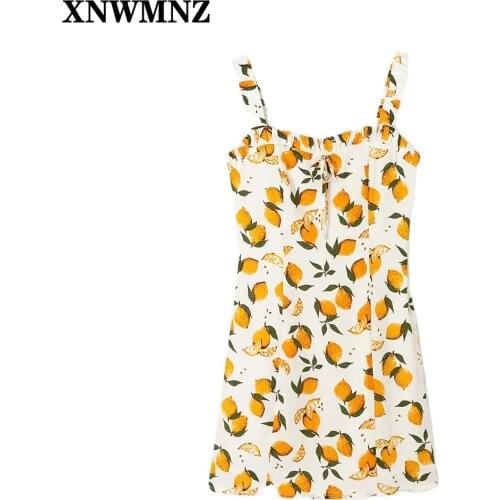 XNWMNZ 2021 Women Summer Dress Lemon Print Chiffon Vestidos Retro Tank Dresses Female Slim Sleeveless Backless Mini Strap Dress