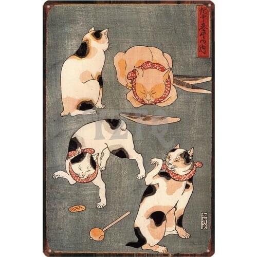 Japanese ukiyoe Cat Pet Sign Metal Animal Tin Sign Vintage Plates For Wall Art Retro Home Decor 30X20CM DU-2463