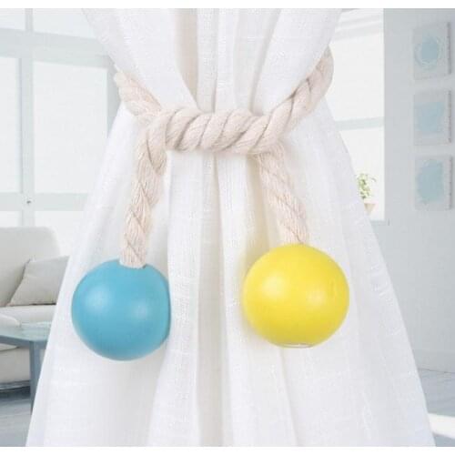 Candy Color Stylish Magnetic Wood Weaving Rope Curtain Tieback Ropes Wood Beads Simple Cotton Ropes Curtain Buckle Tie Belt Bind