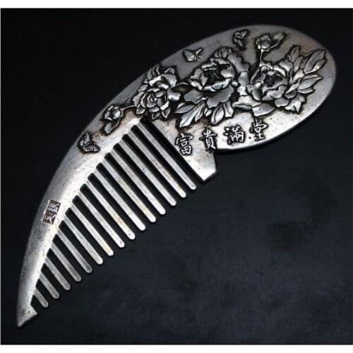 Collectibles Handwork Tibet Silver Carved Flower Beautiful Wealth Comb