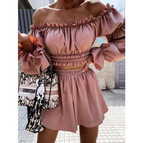 Spring and Summer Womens Short Sets Solid Color Folds Casual Fashion Long Sleeved Slash Neck Top Shorts Skirt Two Piece Suit