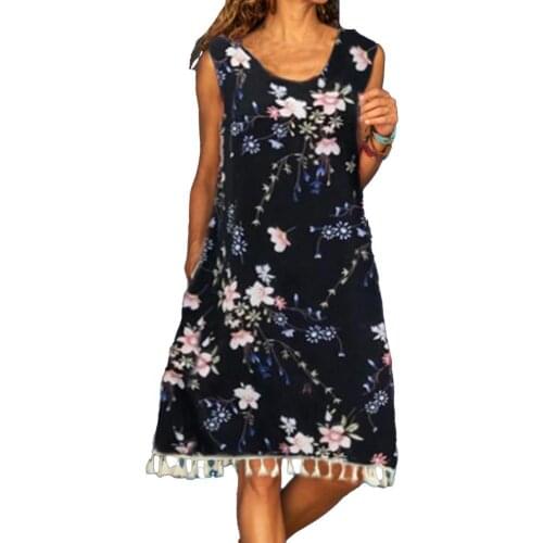 Plus Size Women Dress Vintage Floral Print Tassel Hem Summer Casual Sleeveless Round Neck Loose Knee-Length Beach Dresses платье