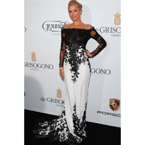 Fashion Long Sleeve Black Appliques Floor Length Mermaid Evening Dresses See Through Tops Prom Gown