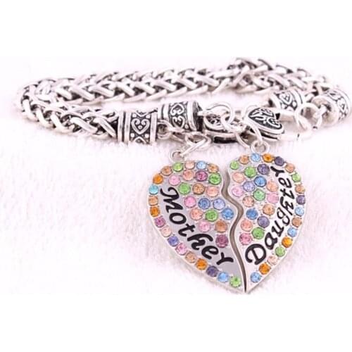 1 set New Arrival rhodium plated zinc studded with sparkling crystal Mother Daughter charm bracelet link chain