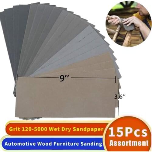 15Pcs Sand Paper Sheets Silicon Carbide Home Coarse 120-5000 Grit Polishing Car Metal Glass Ceramics Wood Sandpaper Wet Dry
