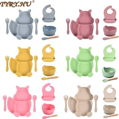 6pcs Silicone Baby Feeding Set Squirrel Divided Dinner Tableware Sucker Bowl Spoon Fork Set Training Feeding Food Utensil Dishes
