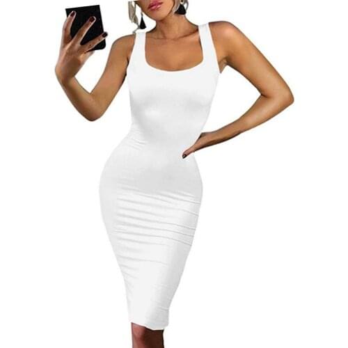 70% Hot Sell Women Sexy Solid Color Sleeveless Square Neck Party Bodycon Knee-length Dress