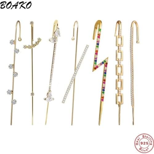 BOAKO 925 Silver Zircon Stud Earrings For Women Ear Bone Climber Clip Diagonal Piercing Chain Pin Ear Hook Cuff Earring Jewelry