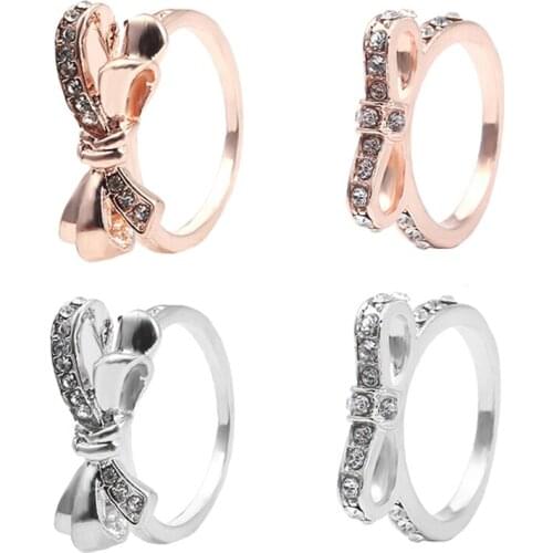 Boosbiy Hot Sale Silver Color Sparkling Bow Knot Stackable Finger Ring for Women Valentines Day Gift Jewelry Gift
