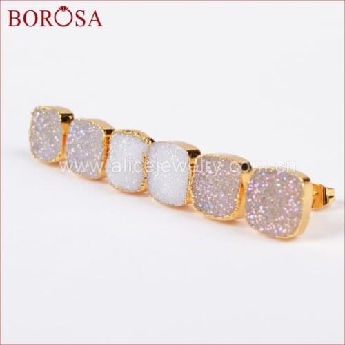 BOROSA 10mm Gold Color Square Natural Stone Titanium AB Druzy Stud Earrings Drusy Stone Geode Earrings for Women G0679