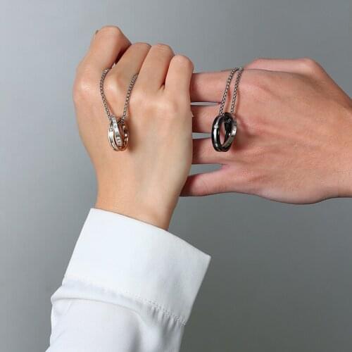 Casual Interlocked Couple Pendant Necklaces for Women Men,Round Love Engraved,Stainless Steel Metal Valentines Day Gift