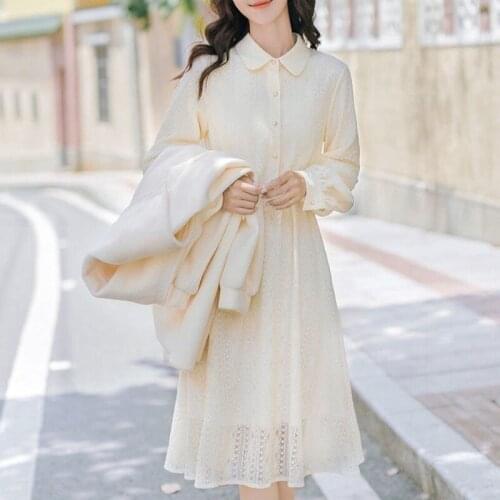 Elegant Dress Women Long Sleeve Solid Party Fairy Dress Office Lady Lace Turn Down Neck Autumn 2020 Fashion Korean Clothing
