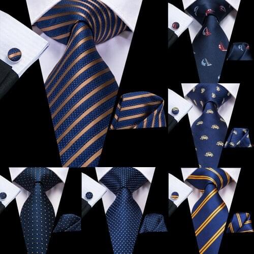 Hi-Tie Designer Mens Necktie Navy Blue Striped Dot Silk Wedding Tie For Men Hanky Cufflinks Tie Set Business Party Dropshipping