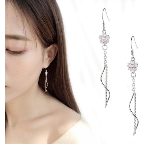 Delicate Female Earrings Silver color Cherry Blossom Flower Long Tassel Earline Wave Fairy Earrings for Women Jewelry