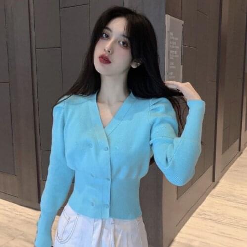 Woman Sweaters Cardigan Fall V-neck Puff Sleeve Short Sweater Double Breasted Fitted Waist Long Sleeve Sweater Coat Women