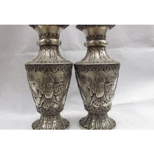 Song voge gem S1360 12 Chinese Folk White Copper Silver Garuda Dragon Buddha Bottle Pot Vase Pair
