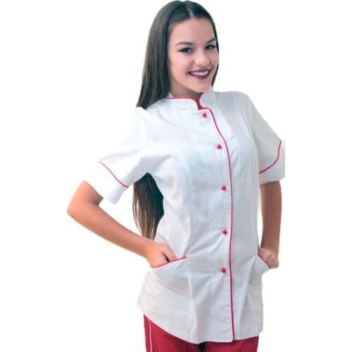 Short woman jacket chef kitchen cook catering white black work