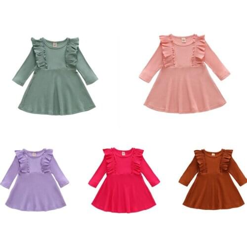 1-6Y Autumn Girls Lovely Knit Dress Ruffles Long Sleeve Solid Knee Length A-Line Dress