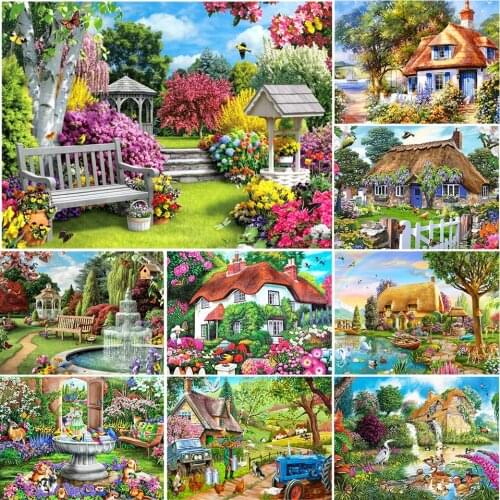5D DIY Diamond Painting Garden Scenery Cross Stitch Kit Full Drill Embroidery House Mosaic Art Picture of Rhinestones Home Decor