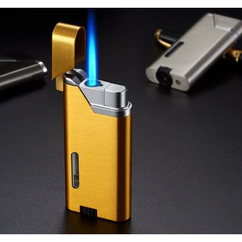 New Simple Jet Visible Transom Metal Blue Flame Gas Butane Lighter Smoking Windproof Pipe High Temperature Resistant Ceramic