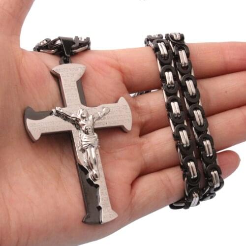 Granny Chic Cool Jesus Cross Pendant Necklace For Men Stainless Steel Byzantine Box Chain Necklace Men Jewelry Gift 18-36"