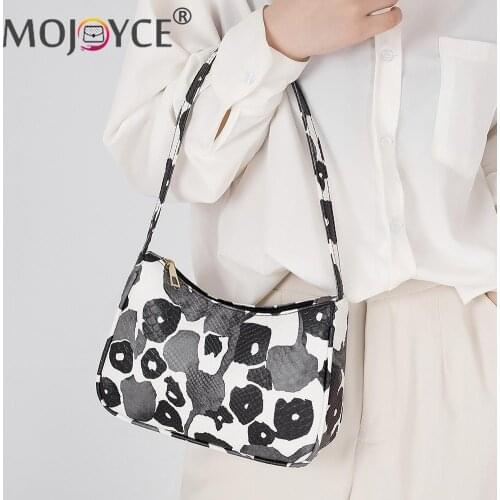 Casual Women PU Leather Small Handbag Fashion Printed Shoulder Underarm Purse Portable Travel Panelled Zipper Closure Bags