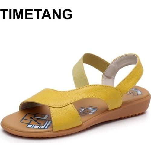 TIMETANG Cow Genuine Leather Sandals Women Flat Heel Sandals Fashion Summer Shoes Woman Sandals Summer Plus Size 34-43