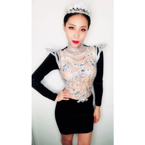 Sexy Crystals Women Dress DJ DS costume Singer Dancer party performance nightclub bar Model catwalk see-through one piece dress