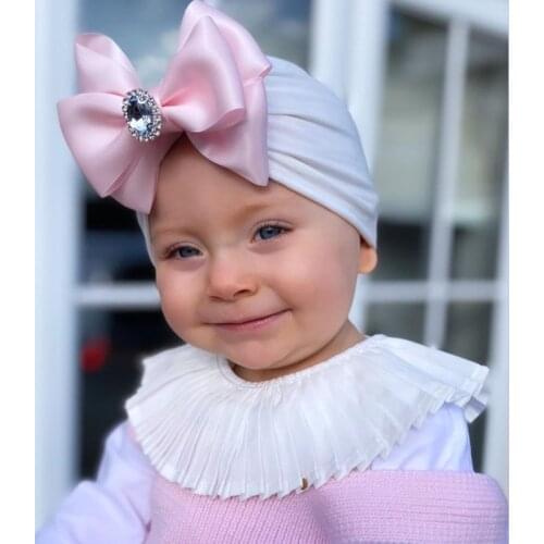 2021 New Pure Color Big Bowknot Baby Hat With Gems Turban Girls Fabric Elastic Cap Cotton Handmade Fashion Hat шапка детская