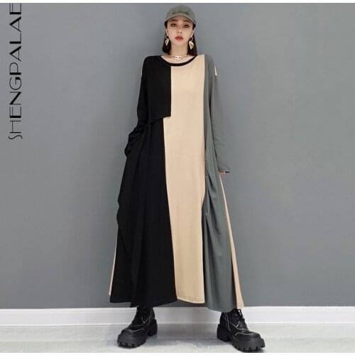 SHENGPALAE fashion contrast color spliced derss womens autumn 2021 new round neck loose long sleeve mid-calf dresses female