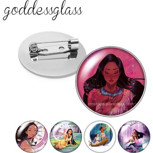 Disney Pocahontas Indian princess Round Glass cabochon Silver color Brooch Dome Photo Jewelry Brooches Pin For Gift