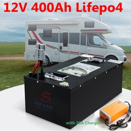 High capacity stainless steel shell 12V 400ah Lifepo4 Battery with BMS for RV AGV Solar Panel Energy system + 20A Charger